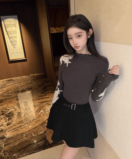 Floral Lace Appliqué Top&Belted Flare Mini Skirt