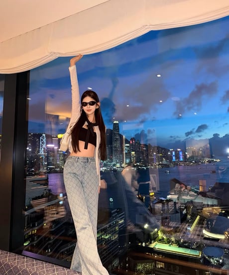 Blue Diamond Pattern Denim Pants