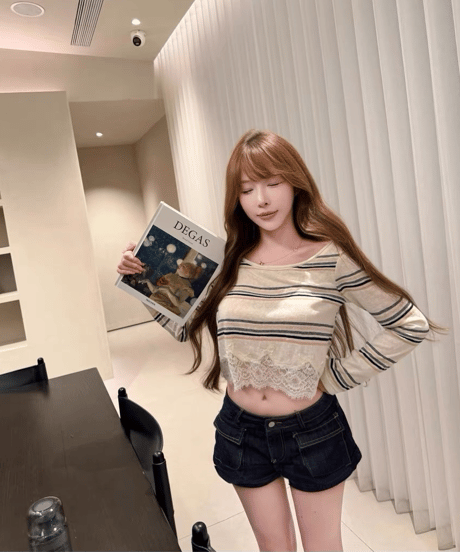 Lace Trimmed Stripe L/S & Denim Short Pants