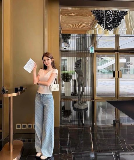 Blue Diamond Pattern Denim Pants