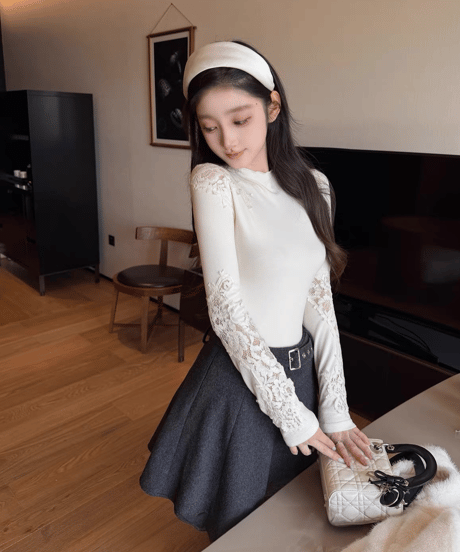 Floral Lace Appliqué Top&Belted Flare Mini Skirt