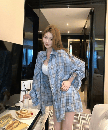 Oversized Plaid Shirt【Blue】