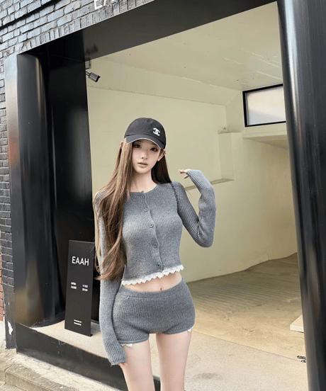 Lace-Trim Ribbed Knit Set