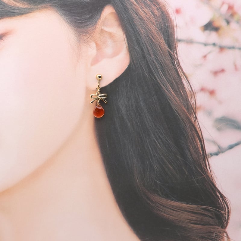 リボンと雫【美濃和紙のイヤリング/ピアス】オレンジ | マッチュルーム