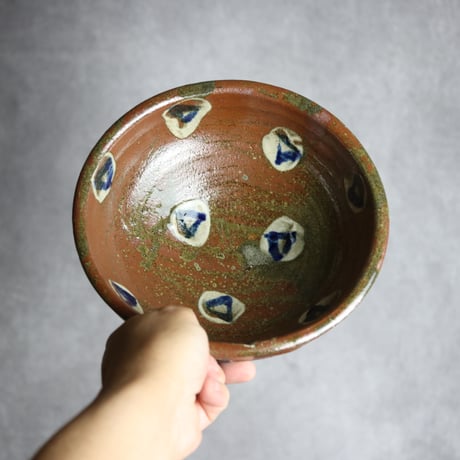 6.5寸深鉢1 白点に呉須三角 やちむん 陶器 北窯 宮城正享工房 ※重い :7005072