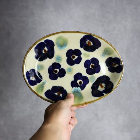 オーバル皿5 花紋 やちむん 陶器 エドメ陶房:7201002
