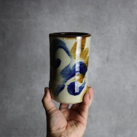 4.5寸筒1 飴 呉須釉 唐草 やちむん 陶器 北窯 松田共司工房:7004079