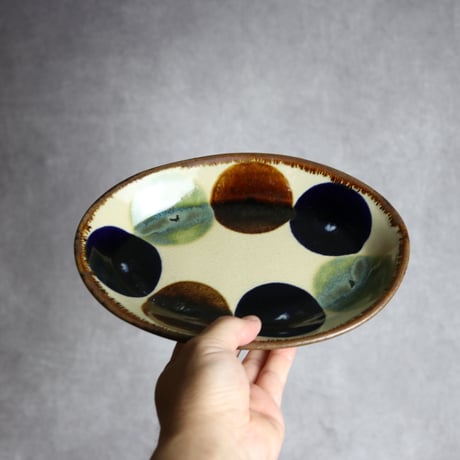 オーバル皿1 三彩丸紋 やちむん 陶器 エドメ陶房:7201002
