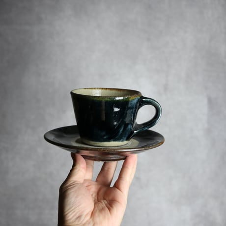 コーヒーカップ＆ソーサー1 呉須釉 櫛描 やちむん 陶器 北窯 松田共司工房:7004074