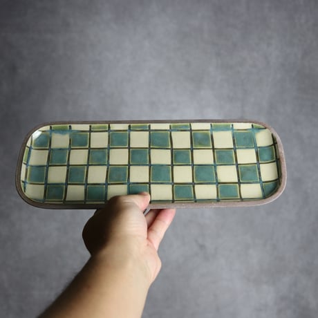 長角皿 長 格子 オーグスヤー 白 やちむん 陶器 一翠窯:7021004