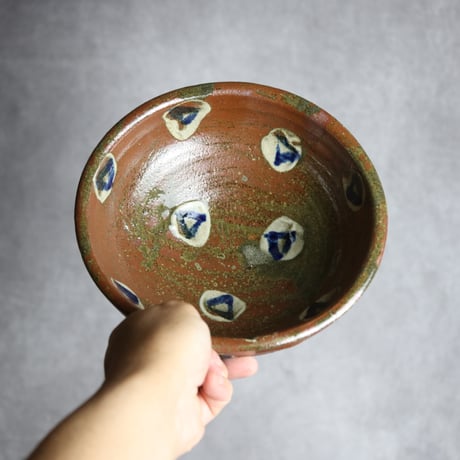 6.5寸深鉢1 白点に呉須三角 やちむん 陶器 北窯 宮城正享工房 ※重い :7005072