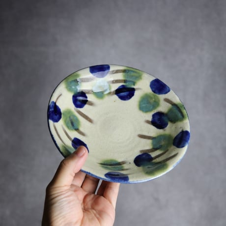 6寸皿1 呉須 緑釉 指描点打 やちむん 陶器 漂窯:7010006