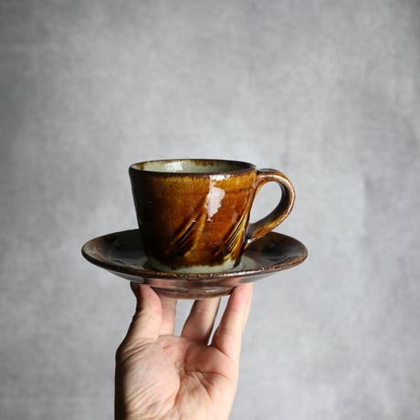 コーヒーカップ＆ソーサー1 飴釉 櫛描 やちむん 陶器 北窯 松田共司工房:7004074