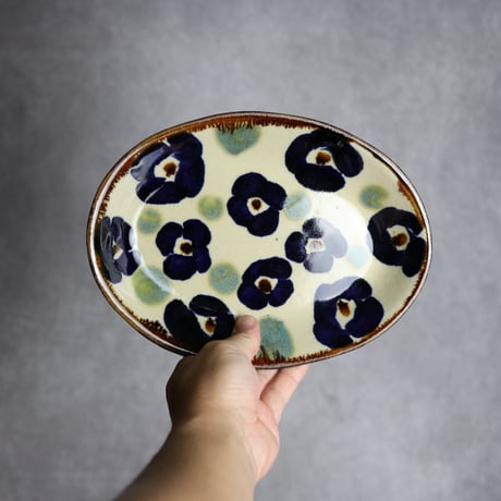 オーバル皿3 花紋 やちむん 陶器 エドメ陶房:7201002