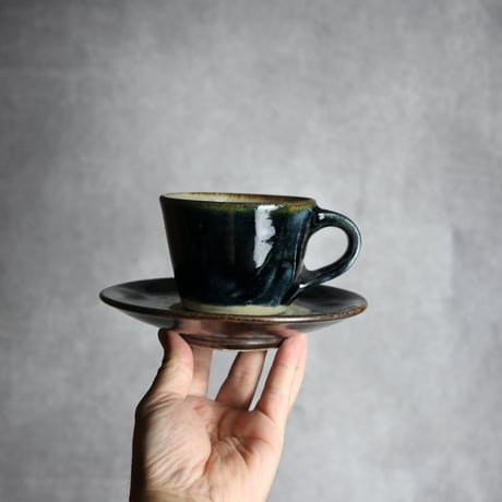 コーヒーカップ＆ソーサー1 呉須釉 櫛描 やちむん 陶器 北窯 松田共司工房:7004074