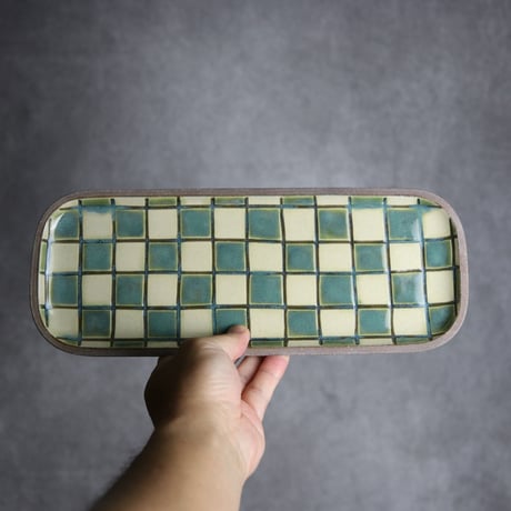 長角皿 長 格子 オーグスヤー 白 やちむん 陶器 一翠窯:7021004