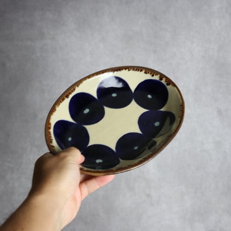 オーバル皿2 青丸紋 やちむん 陶器 エドメ陶房:7201002