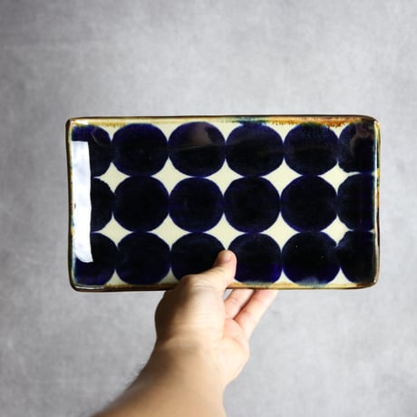 セミロングプレート1 青ドット紋 やちむん 陶器 エドメ陶房:7201021
