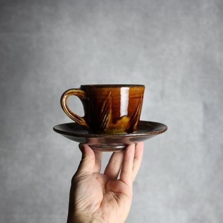 コーヒーカップ＆ソーサー1 飴釉 櫛描 やちむん 陶器 北窯 松田共司工房:7004074