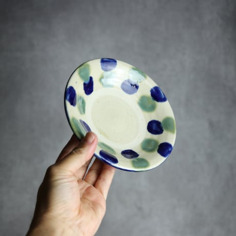 5寸皿1 呉須 緑釉 点打 やちむん 陶器 漂窯:7010004