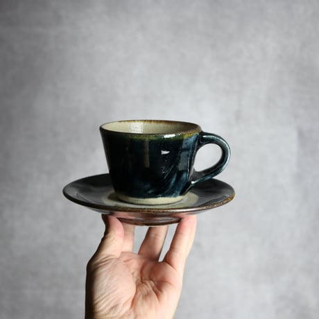 コーヒーカップ＆ソーサー1 呉須釉 櫛描 やちむん 陶器 北窯 松田共司工房:7004074