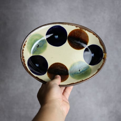 オーバル皿1 三彩丸紋 やちむん 陶器 エドメ陶房:7201002