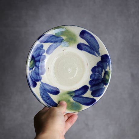 6寸皿1 呉須 緑釉 菊花双葉 やちむん 陶器 漂窯:7010006