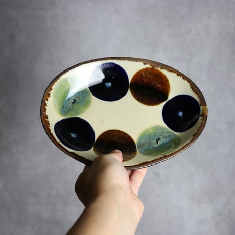 オーバル皿1 三彩丸紋 やちむん 陶器 エドメ陶房:7201002