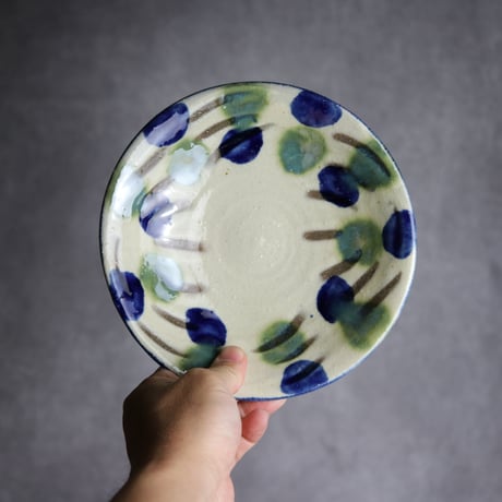 6寸皿1 呉須 緑釉 指描点打 やちむん 陶器 漂窯:7010006