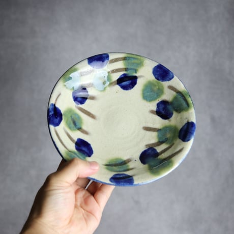 6寸皿1 呉須 緑釉 指描点打 やちむん 陶器 漂窯:7010006