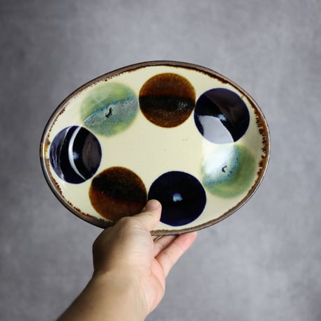 オーバル皿1 三彩丸紋 やちむん 陶器 エドメ陶房:7201002