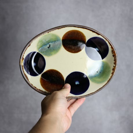 オーバル皿1 三彩丸紋 やちむん 陶器 エドメ陶房:7201002