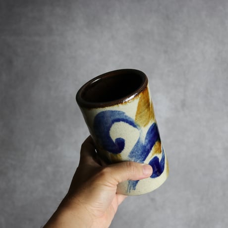 4.5寸筒1 飴 呉須釉 唐草 やちむん 陶器 北窯 松田共司工房:7004079