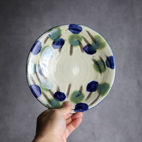 6寸皿1 呉須 緑釉 指描点打 やちむん 陶器 漂窯:7010006