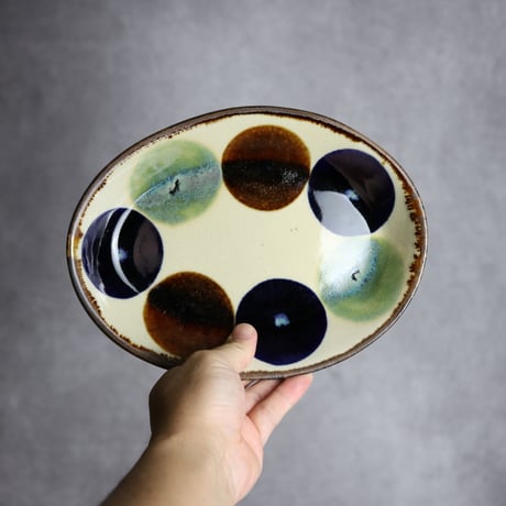 オーバル皿1 三彩丸紋 やちむん 陶器 エドメ陶房:7201002