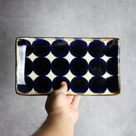セミロングプレート2 青ドット紋 やちむん 陶器 エドメ陶房:7201021