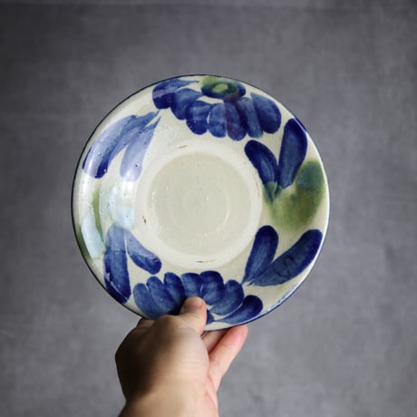 6寸皿1 呉須 緑釉 菊花双葉 やちむん 陶器 漂窯:7010006