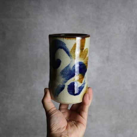 4.5寸筒1 飴 呉須釉 唐草 やちむん 陶器 北窯 松田共司工房:7004079