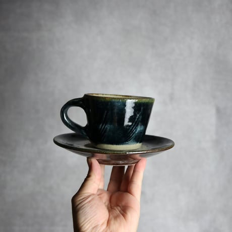コーヒーカップ＆ソーサー1 呉須釉 櫛描 やちむん 陶器 北窯 松田共司工房:7004074