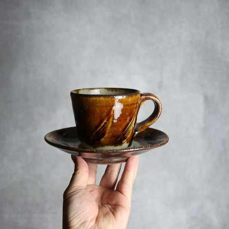 コーヒーカップ＆ソーサー1 飴釉 櫛描 やちむん 陶器 北窯 松田共司工房:7004074