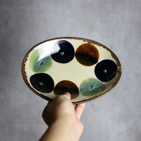 オーバル皿1 三彩丸紋 やちむん 陶器 エドメ陶房:7201002