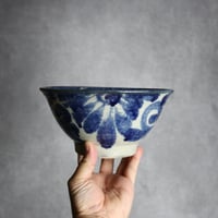 6寸マカイ1 呉須釉 菊唐草紋 やちむん 陶器 榮一工房:7013042　※高台化粧土ヒビ