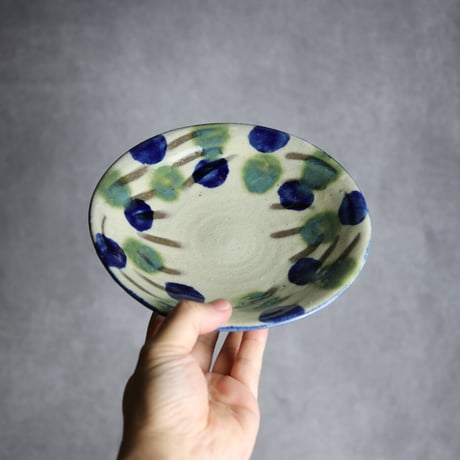 6寸皿1 呉須 緑釉 指描点打 やちむん 陶器 漂窯:7010006