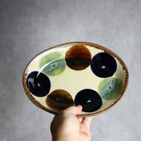 オーバル皿1 三彩丸紋 やちむん 陶器 エドメ陶房:7201002