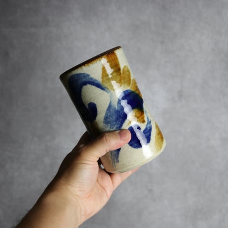 4.5寸筒1 飴 呉須釉 唐草 やちむん 陶器 北窯 松田共司工房:7004079