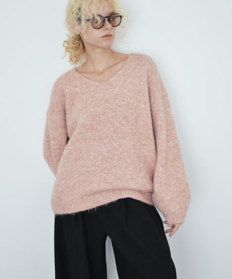 knit-02396 V-neck Volume Knit Pullover Pink Beige Brown Gray