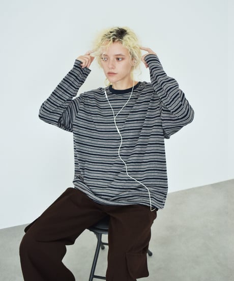 nh-tops-02639 Multi-Stripe Loose Cut Sewn Top 《2 Pattern Types》 Navy Gray