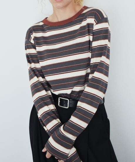 nh-tops-02638 Multi-Stripe Long Tee Charcoal × Brick
