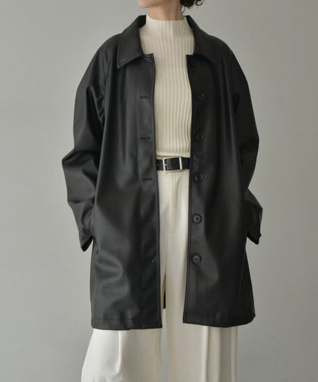 jacket-02025　Faux Leather Mid-Length Outer  Black