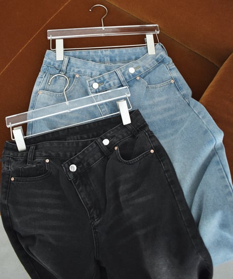 bottoms-02336 Cross Waist Design Denim Blue Charcoal